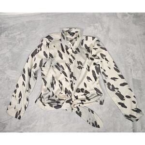 Express Womens Button Up Shirt Medium Tie Front Crop Black Cream NWT $68